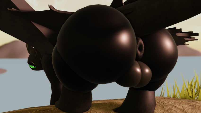 3d 3d_(artwork) anus ass backsack balls big_balls big_butt black_body black_skin butt_focus digital_media_(artwork) dragon dreamworks elemental_creature european_mythology feral flora_fauna fury_(httyd) genitals green_eyes hi_res how_to_train_your_dragon looking_at_viewer looking_back looking_back_at_viewer male male_only membrane_(anatomy) mythological_creature mythological_scalie mythology night_fury plant presenting presenting_hindquarters puffy_anus roblox scalie solo solo_male standing tail toothless water watermark western_dragon willie_piv wings