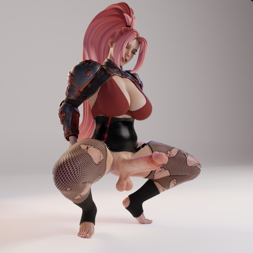 3d armor big_penis bra female futa_only futanari large_breasts penis qb_nuts solo squatting thick_penis thick_thighs torn_pantyhose