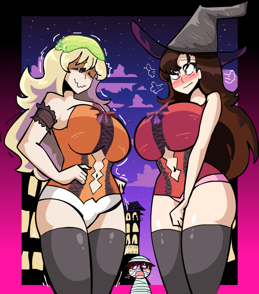 2girls animal_humanoid belly big_ass big_breasts big_butt black_stocking black_stockings blonde_hair breasts brown_eyes brown_hair embarrassed full_color full_colour halloween halloween_costume halloween_decoration halloween_theme hat hino_hitomi hips huge_breasts manu_618 mazama_jin miyubi_shishio multiple_girls mummy mummy_costume mummy_wrappings murenase!_seton_gakuen orange_dress panties pink_panties red_dress shoulders skirt_removed sloth sloth_girl stockings stockings_thigh_highs very_long_hair white_panties witch witch_costume witch_hat