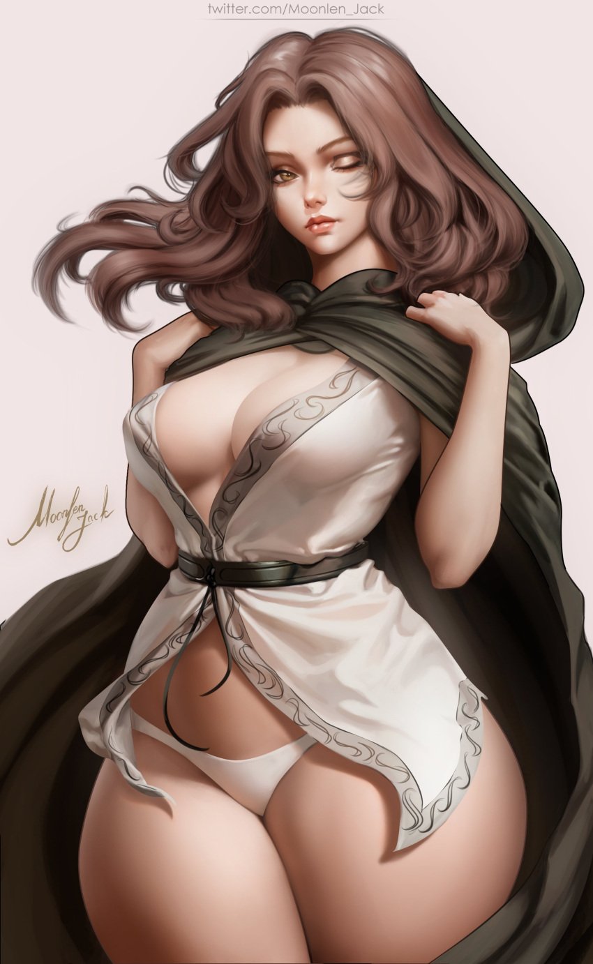 alternate_body_type big_breasts brown_hair castle cleavage cloak commentary curvaceous curvy elden_ring facial_tattoo female female female_only fromsoftware green_cloak hand_up hashtag-only_commentary highres hood hood_down hooded_cloak leaf looking_to_the_side medium_hair melina_(elden_ring) moonlen-jack one-eyed one_eye_closed outdoors panties pink_hair scar scar_on_hand solo tattoo thick_thighs upper_body voluptuous wide_hips wind