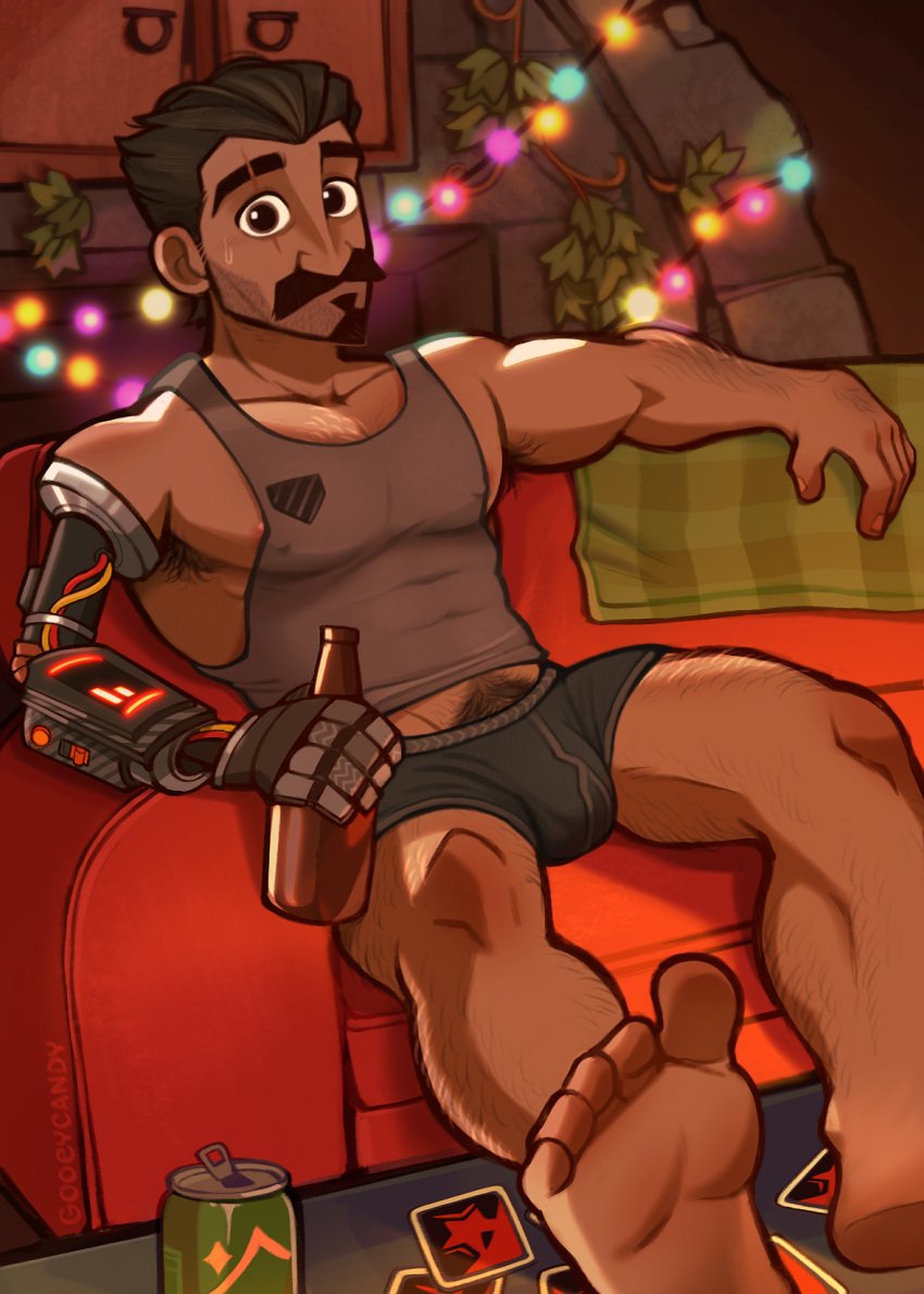 armpit_hair ballister_blackheart ballister_boldheart beard big_bulge bulge clothing covered_nipples looking_at_viewer male_only male_pubic_hair manly moustache netflix nimona penis_outline tight_clothing underwear