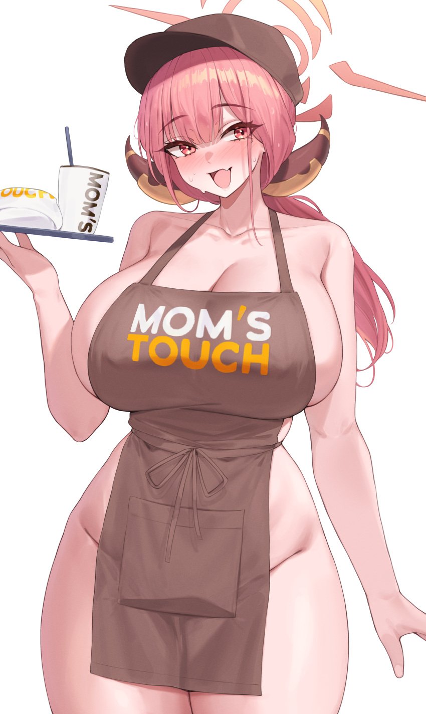 1girls apron aru_(blue_archive) blue_archive breasts female highres hips horns huge_breasts kuavera light-skinned_female light_skin long_hair mom's_touch naked_apron naughty_face pink_hair thick_thighs thighs wide_hips yellow_eyes