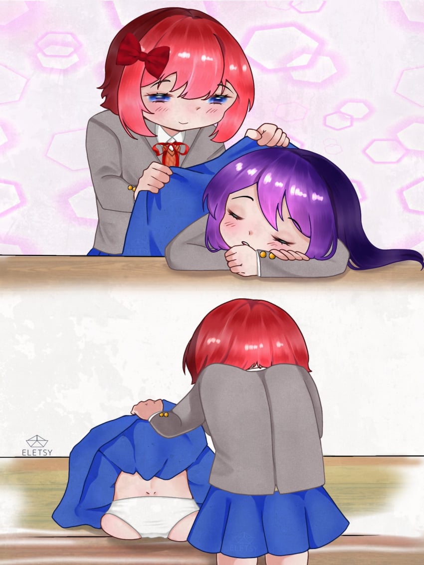 2females 2girls 2koma artist_name blue_eyes blue_skirt butt chibi doki_doki_literature_club eletsy eyes_closed female_only lifted_by_another lifted_skirt lifting lifting_skirt panties purple_hair sayori_(doki_doki_literature_club) skirt white_panties yuri_(doki_doki_literature_club)