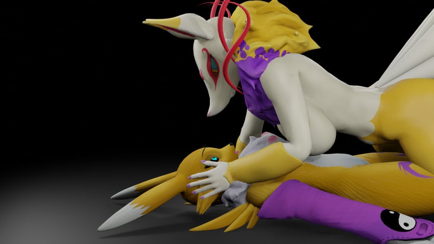 3d_(artwork) absurd_res anthro bandai_namco breasts canid canine digimon digimon_(species) digital_media_(artwork) duo female female/female feral fox fur hi_res kyubi_(yo-kai_watch) level-5 mammal nipples nude renamon rnobina rule_63 simple_background tail tongue yo-kai_watch