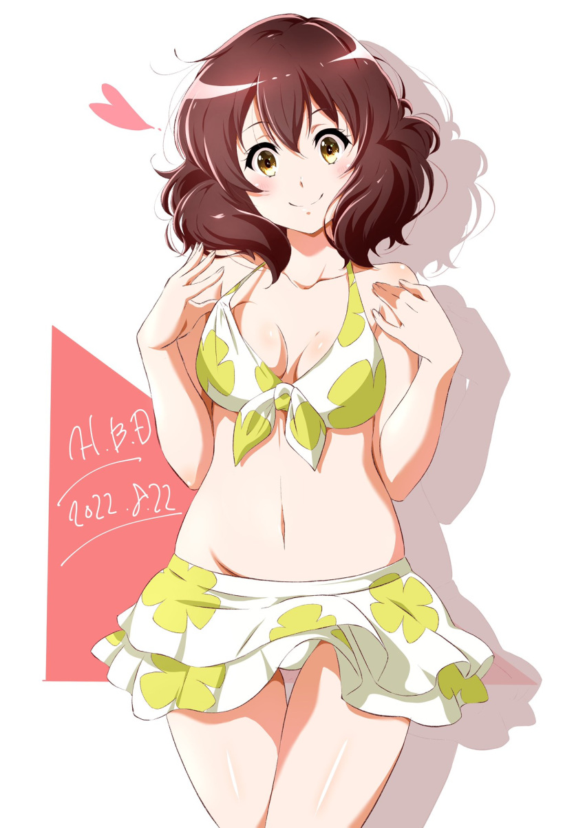 bare_arms bare_belly bare_legs bare_shoulders bare_thighs belly_button bikini blush body_blush breasts brown_hair cleavage closed_mouth collarbone hibike!_euphonium medium_breasts oumae_kumiko shiny_skin short_hair smile thighs tsuji643163271 white_bikini yellow_eyes