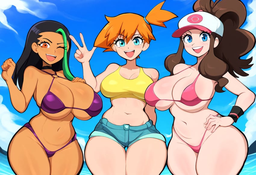 3girls ai_generated alternate_breast_size beach bikini female female_only hilda_(pokemon) human large_breasts misty_(pokemon) mullon mullon_never_learned_how_to_tag multiple_girls nemona_(pokemon) novelai overalls peace_sign pokemon pokemon_(anime) pokemon_bw pokemon_rgby pokemon_sv smile thick_thighs wink