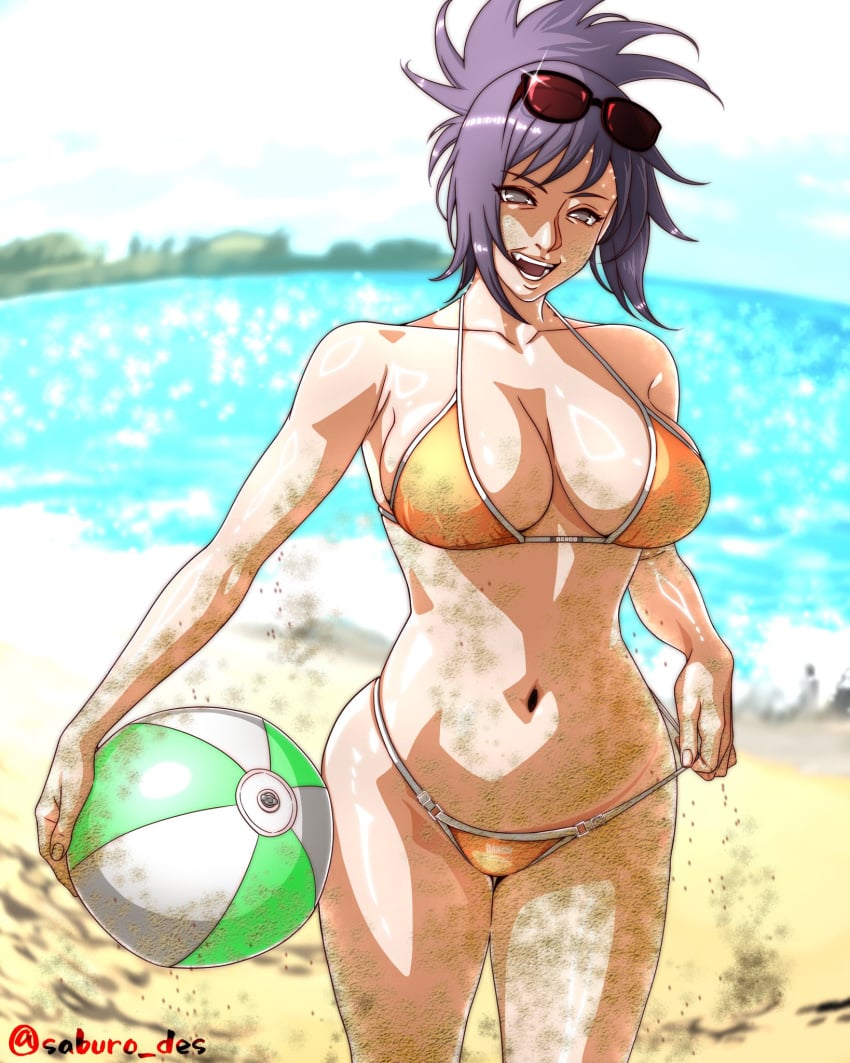 1girls beach_ball big_breasts bikini blush breasts brown_eyes cleavage commentary female female_only holding_object long_hair midriff mitarashi_anko naruto naruto_(series) naruto_shippuden ocean outdoors ponytail purple_hair saburo_des sand sand_on_skin seaside smile solo solo_focus sunglasses sunglasses_on_head swimsuit tanline text tied_hair url voluptuous walking water watermark web_address wide_hips