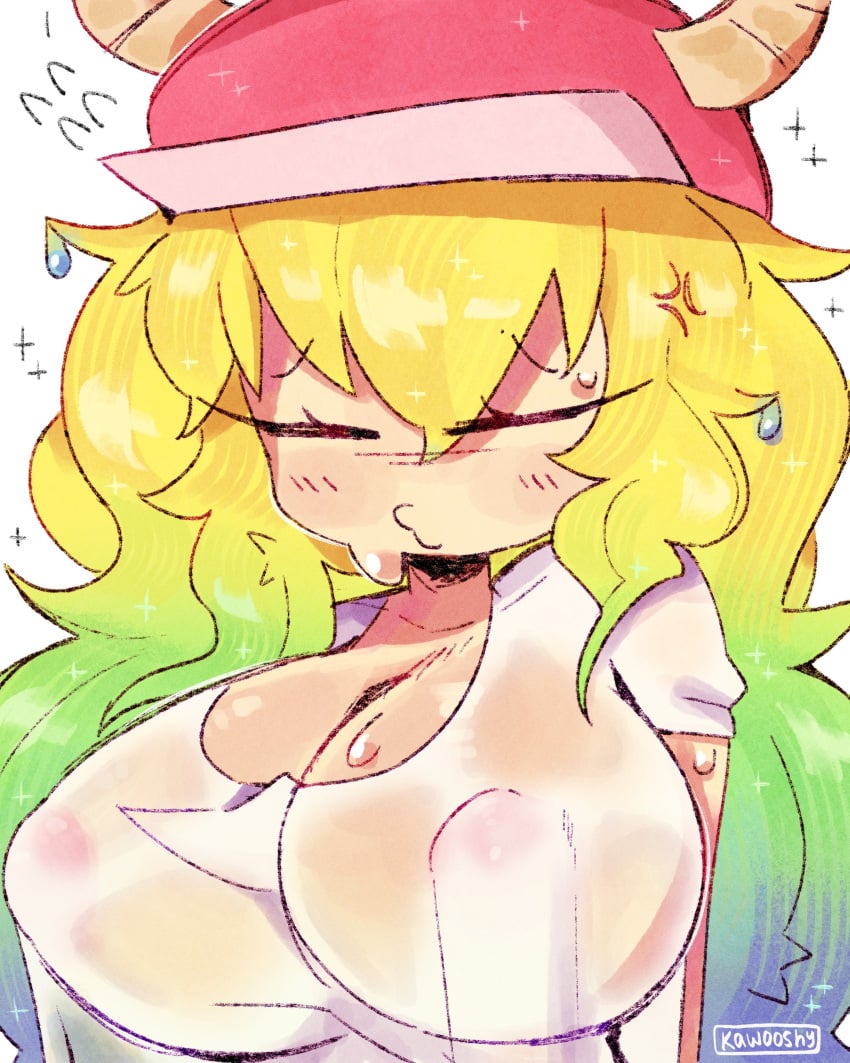 breasts_bigger_than_head dragon_maid eyes_closed female hat horns huge_breasts kawooshy large_nipples miss_kobayashi's_dragon_maid multicolored_hair quetzalcoatl_(dragon_maid) sweaty tagme wet_clothes white_shirt