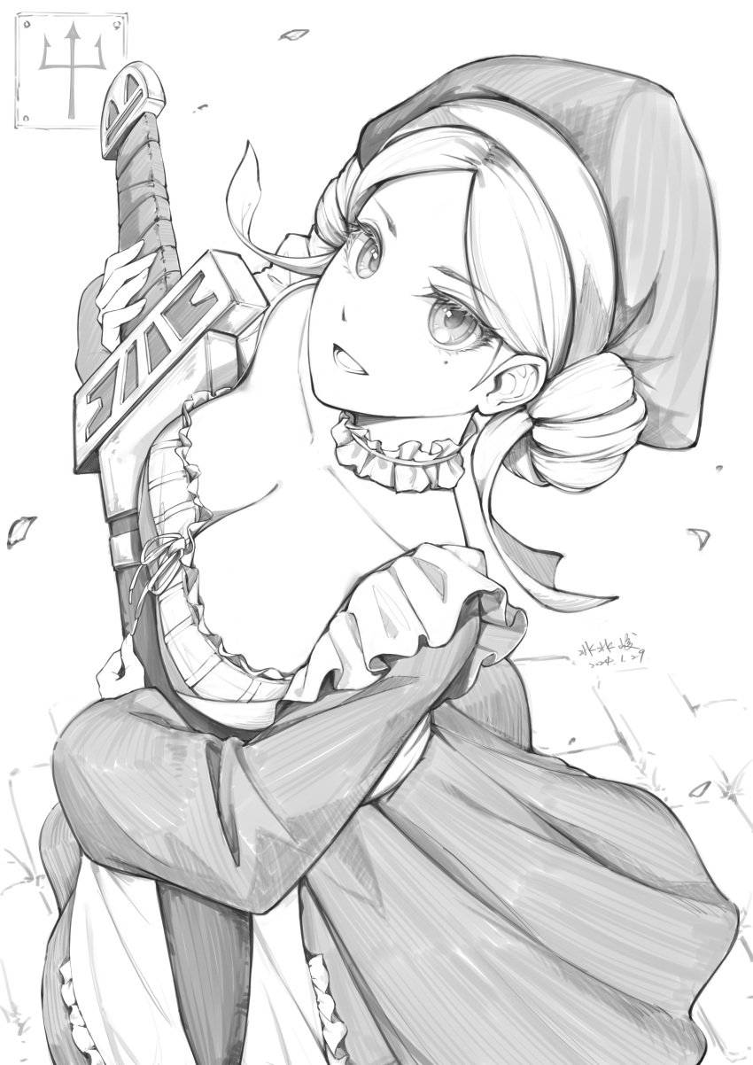 absurdres bantish breasts chinese_commentary choker cleavage commentary_request dress drill_hair female greyscale highres holding holding_sword holding_weapon lace lace_choker large_breasts line_art long_sleeves looking_at_viewer looking_up luka_(nozomanu_fushi_no_boukensha) mole mole_under_eye monochrome nozomanu_fushi_no_boukensha open_mouth parted_bangs short_hair simple_background smile solo standing sword weapon