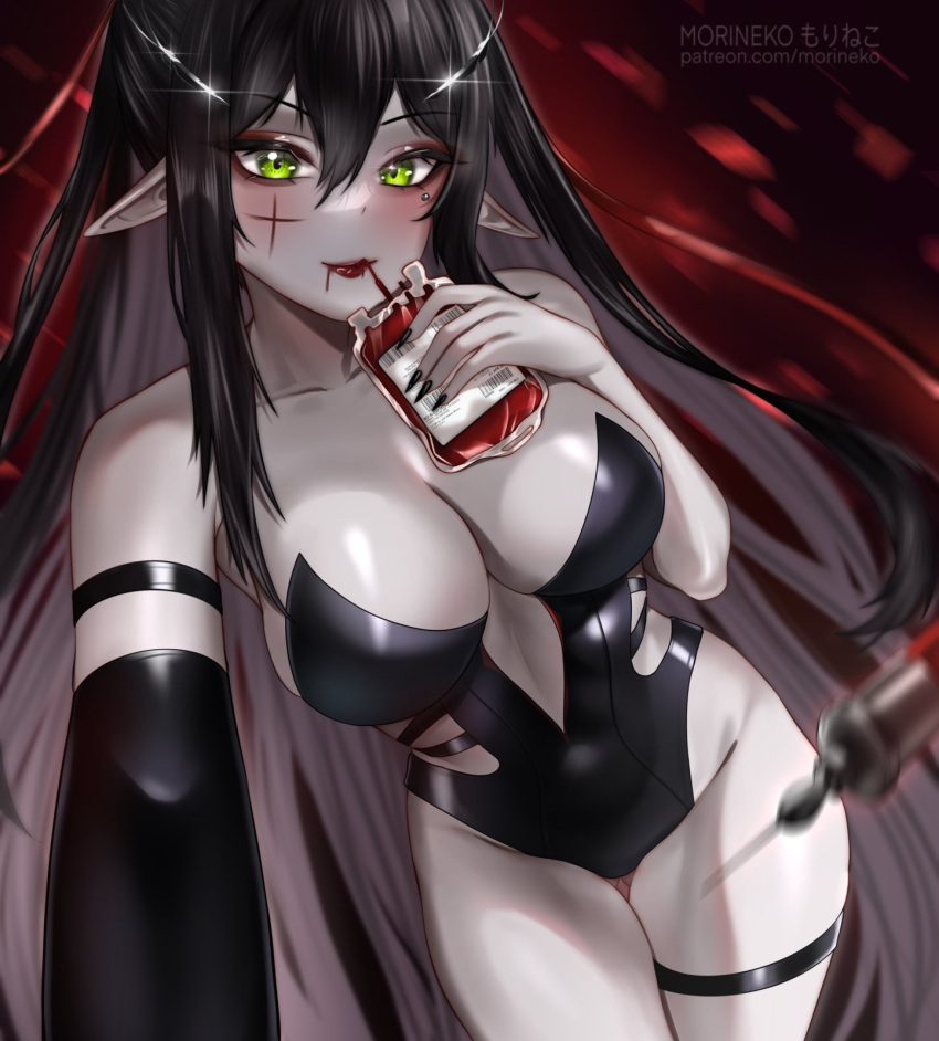 dark_hair green_eyes indie_virtual_youtuber layna_lazar leotard morineko sipping syringes virtual_youtuber vtuber