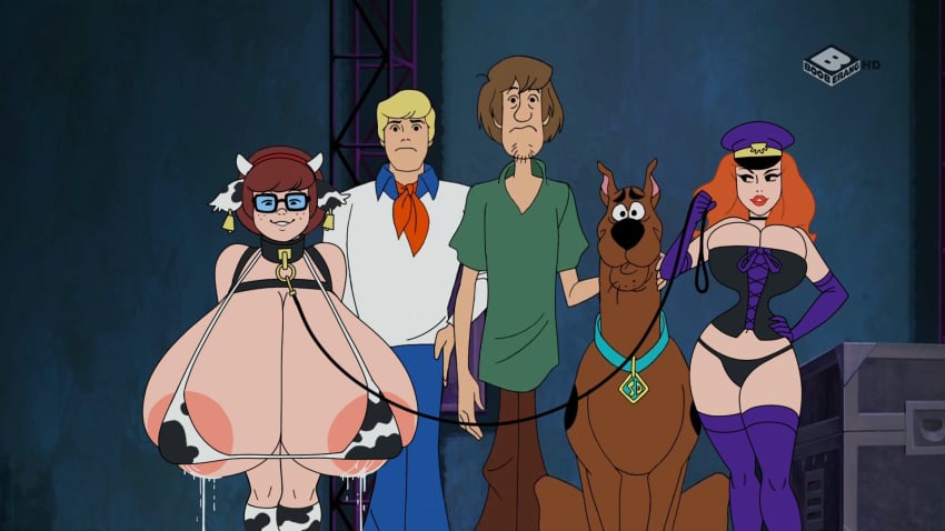 2girls breasts brown_hair collar corset costume cow_ears cow_horns cow_print daphne_blake dominatrix edit female_domination femdom freckles fred_jones glasses hourglass_figure huge_breasts lactating leash long_hair looking_at_viewer male milk orange_hair scooby-doo scooby-doo_(character) screencap shaggy_rogers short_hair thighhighs thighs velma_dinkley woot