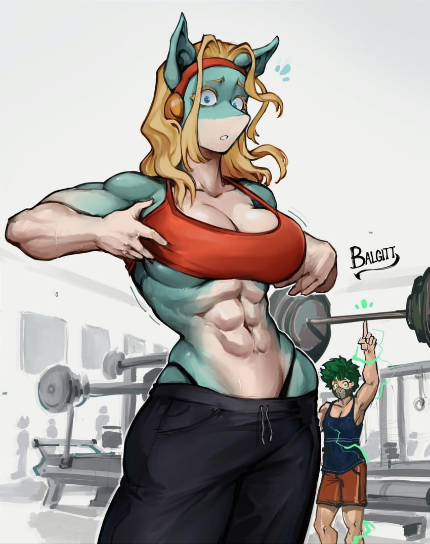 1boy 1girls abs balgitt bare_arms bare_shoulders big_breasts blonde_hair blue_eyes blush boku_no_hero_academia color female fit_female furry green_hair gym gym_clothes hi_res ippan_josei izuku_midoriya large_breasts long_hair looking_at_viewer male male/female muscles muscular muscular_abs muscular_arms muscular_female muscular_male my_hero_academia one_for_all_(mha) thick_thighs tomboy two_tone_body two_tone_skin