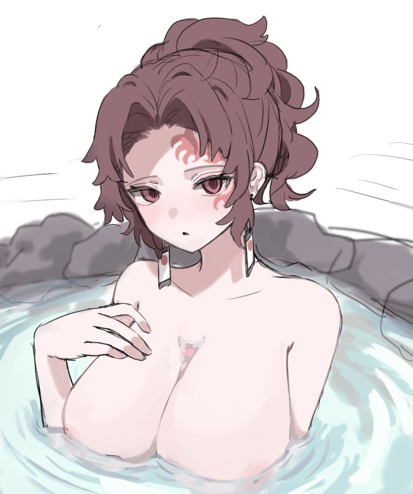 big_breasts blush brown_hair demon_slayer earrings female hair_bun hand_on_breast hot_spring kimetsu_no_yaiba nipples red_eyes rule_63 short_bangs small_ponytail soft_breasts soft_skin water yoriichi_tsugikuni