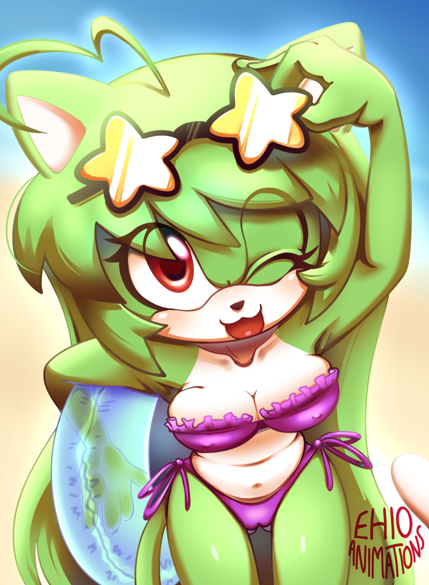 ahoge beach beach_background bikini cat_ears cat_tail digital_drawing_(artwork) digital_media_(artwork) ehioanimations ehiotan eyewear_on_head female female_only furry green_fur green_hair long_hair nipples nipples_covered nipples_visible_through_bikini red_eyes sonic_(series) sonic_the_hedgehog_(series) sunglasses wink