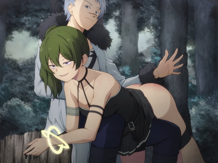 1boy belt black_dress black_gloves blue_hair blue_pants clothes_lift coat commissioner_upload ear_piercing female fur_trim green_eyes green_hair hand_up medium_breasts medium_hair ocza open_mouth purple_eyes restrained sitting_on_tree_stump smug sousou_no_frieren spanked spanking teenage_girl tree tree_stump ubel_(sousou_no_frieren) wirbel_(sousou_no_frieren)