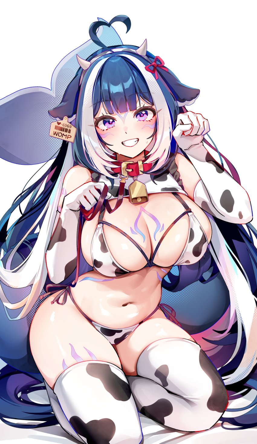 1girls bikini blue_hair breasts cleavage cow_print cow_print_bikini female foxyrain_(foxyreine) foxyreine hucow huge_breasts indie_virtual_youtuber light-skinned_female light_skin long_hair purple_eyes shylily tail virtual_youtuber