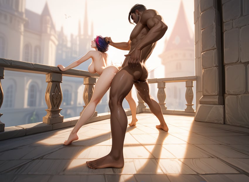 1boy 1girls ai_generated alpha_male backshots balcony biceps dark-skinned_male dominant_male female fiora_laurent from_behind grabbing_another's_hair interracial league_of_legends legs_apart male male_penetrating_female muscles muscular_ass muscular_male sex standing_sex stud