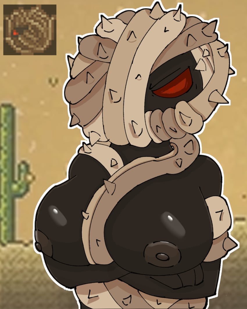 absurd_res angry angry_tumbler(terraria) big_breasts black_body breasts crossed_arms elemental_creature female flora_fauna hi_res humanoid looking_at_viewer nipples plant red_eyes sodacrumble solo spikes terraria tumbleweed vines