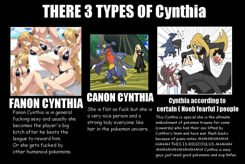 bikini black_background black_bikini black_dress comic cynthia_(pokemon) dress garchomp meme piano pokeball pokemon pokemon_(species) scary scary_face screaming text text_box