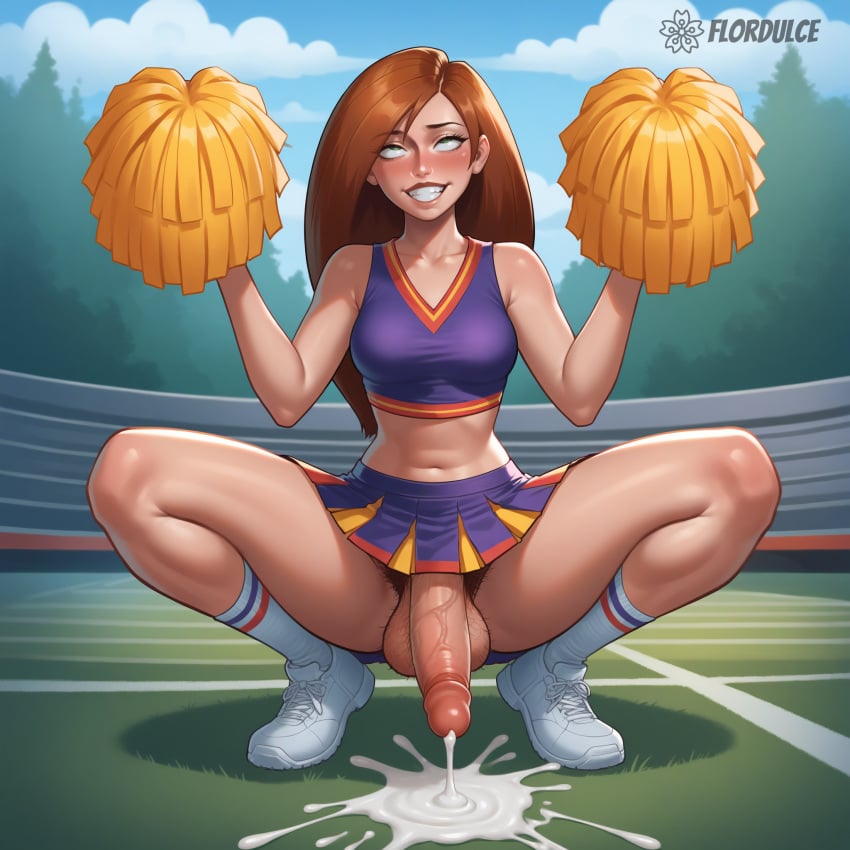 1futa ahe_gao ai_generated ball_hair balls cheerleader cheerleader_uniform cum cumming cumshot ejaculating_cum ejaculation erect_penis erection flordulce futa_only futa_sans_pussy futanari green_eyes hairy_testicles huge_cock kim_possible kimberly_ann_possible long_hair orange_hair orgasm outdoors penis pom_poms pubic_hair rolling_eyes shoes socks solo_futa spread_legs squatting testicles