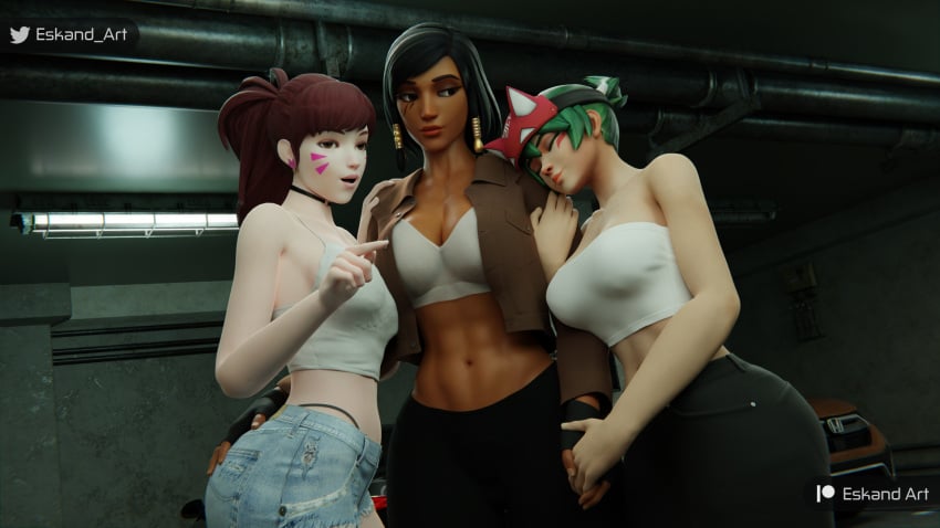 1futa 2girls 3d awe clothed clothing d.va eskandart female female_on_futa fully_clothed futa_on_female futanari huge_cock kiriko_(overwatch) locker_room overwatch overwatch_2 penis_awe pharah