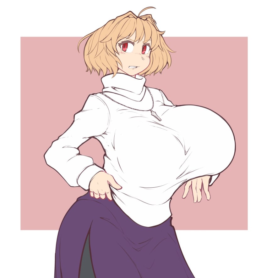 1girls ahoge alternate_breast_size alternate_version_available arcueid_brunestud big_breasts blonde_hair breasts breasts_bigger_than_head breasts_bigger_than_torso breasts_out enormous_breasts female female_only giant_breasts gigantic_breasts huge_boobs huge_breasts hyper_breasts kittenboogers large_boobs large_breasts leggings massive_breasts melty_blood purple_skirt red_arcueid red_eyes short_hair skirt solo solo_female sweater tsukihime tsukihime_(remake) type-moon vampire vampire_girl