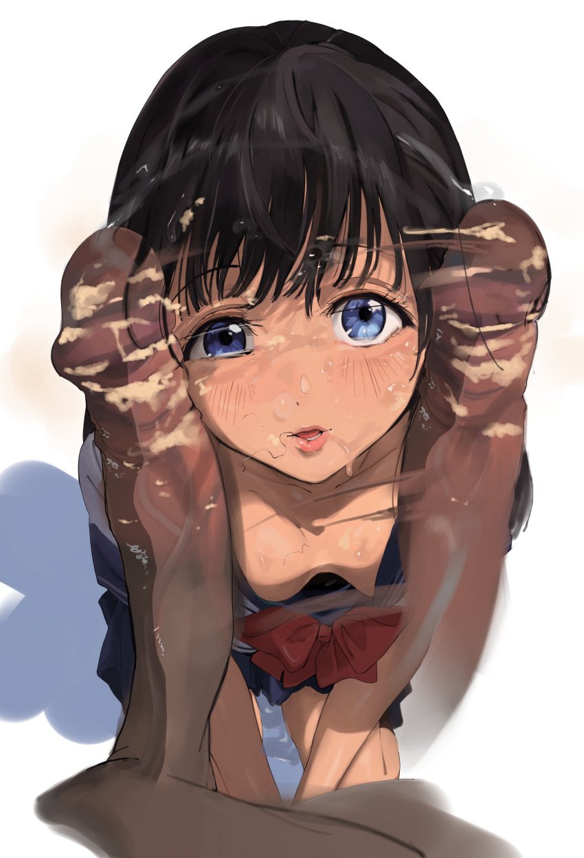 1boy 1girls absurdres afterimage akebi-chan_no_serafuku akebi_komichi black_hair blue_eyes blue_sailor_collar blue_skirt bow breasts dark-skinned_male dark_skin downblouse erection female highres huge_cock interracial light-skinned_female light_skin long_hair mamimi_(mamamimi) penis pov precum red_bow sailor_collar school_uniform serafuku skirt slapping_with_penis small_breasts smegma smegma_on_face straight stray_pubic_hair uncensored white_background