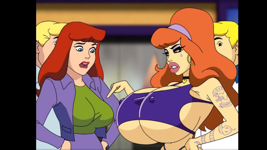 2boys 2girls big_breasts bimbo_lips bimbofication breasts clone daphne_blake edit erect_nipples female fred_jones large_breasts long_hair nipples nipples_visible_through_clothing scooby-doo screencap small_bra woot