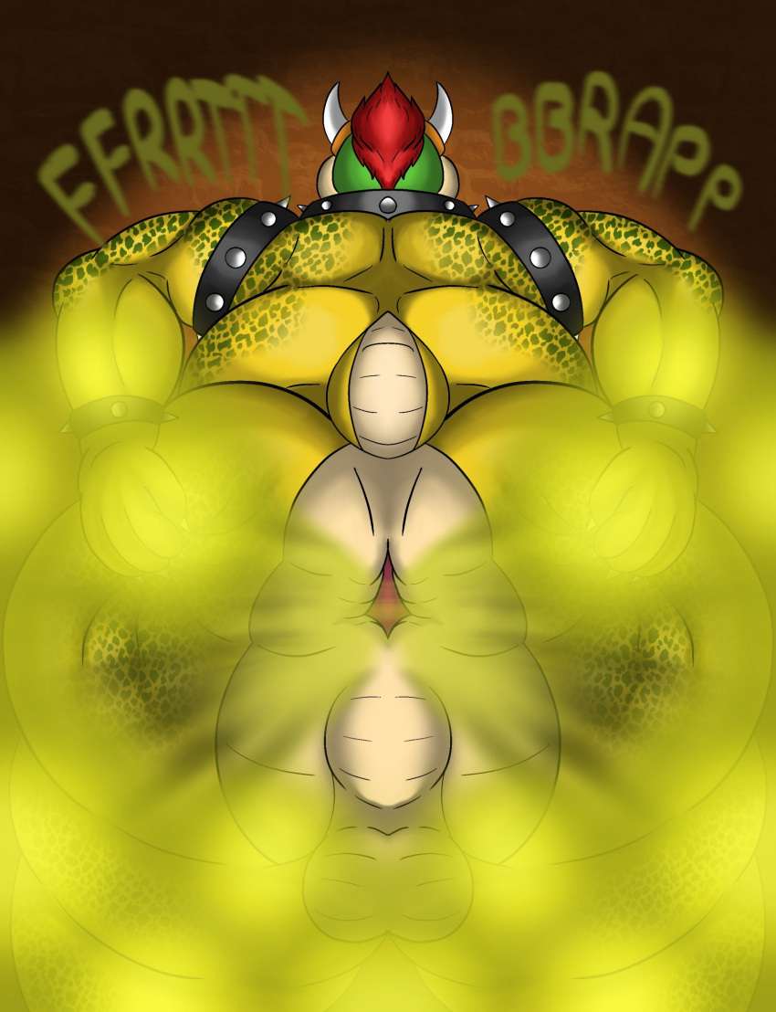 anthro anus ass balls big_butt bowser butt_focus fart fart_cloud fart_fetish farting_at_viewer gassy genitals hi_res horn koopa male mario_(series) nintendo nude overweight overweight_anthro overweight_male perineum presenting presenting_anus scalie smelly solo spread_butt spreading sunflower_fox thick_thighs