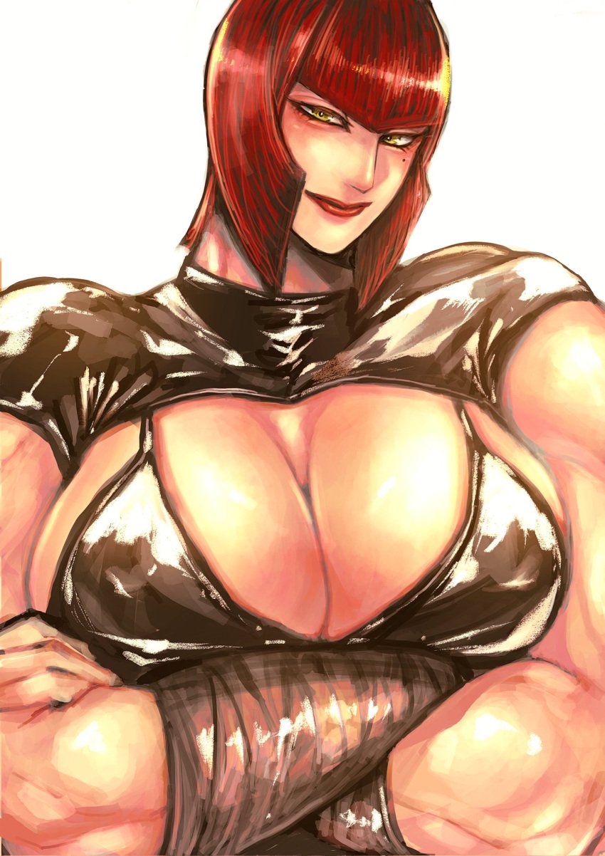 1girls abs bangs big_breasts black_bra blush breasts clavicle cleavage clothing cowboy_shot crossed_arms diagonal_bangs female green_eyes highres huge_breasts large_breasts latex latex_clothing looking_at_viewer marisa_rossetti mole mole_under_eye muscle muscular muscular_female navel open_mouth pectorals red_hair revealing_clothes short_hair sidelocks smile solo solo_female spread_legs street_fighter street_fighter_6 thick_thighs thighs white_background zmnjo1440