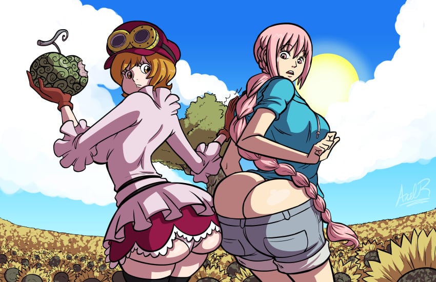 2girls ass ass_cleavage ass_expansion ass_to_ass axel-rosered bangs braid bubble_butt butt_crack clothed clouds dat_ass devil_fruit duo eyelashes eyewear female female_only flower_field gloves goggles goggles_on_hat hair hat highres hoodie huge_ass human koala_(one_piece) long_hair looking_back miniskirt multiple_girls one_piece orange_hair outdoors panties pink_hair ponytail rebecca_(one_piece) short_hair single_braid skirt sunflower surprised sweat sweatdrop swept_bangs teen teenage_girl teenager tree voluptuous_teen white_panties