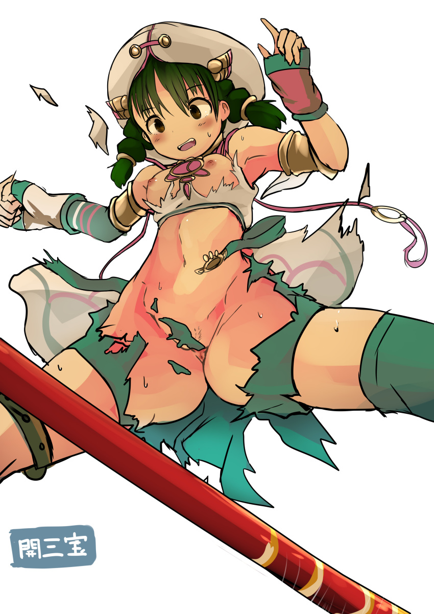 anus breasts convenient_censoring female female hat highres nipples open_mouth pubic_hair simple_background solo soul_calibur soul_calibur_iii spread_legs talim tenteco_(covamin) torn_clothes twin_braids white_background