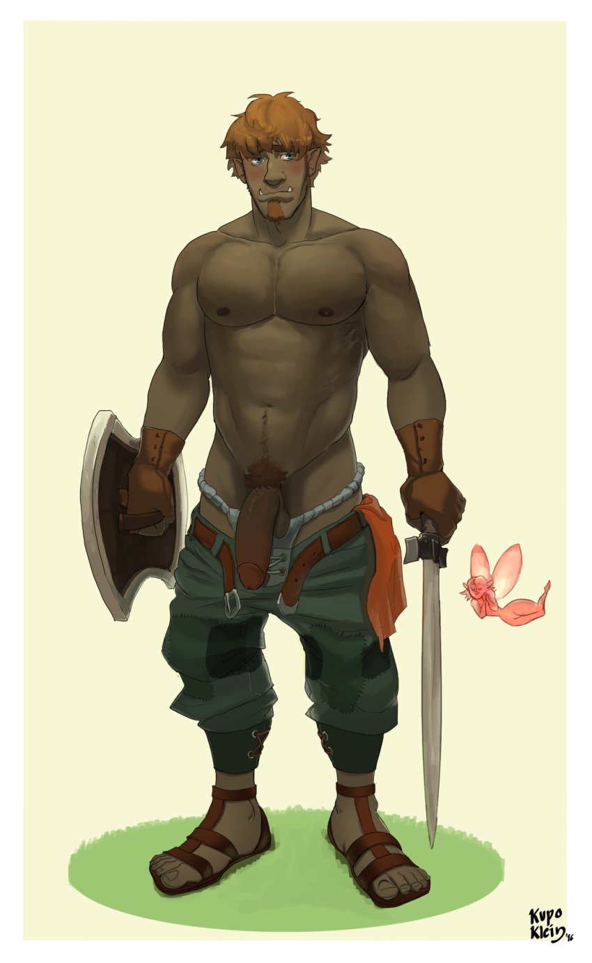 2016 abs auburn blush circumcised clothing cross-laced_clothes cross-laced_legwear cuffs fairy fantasy glans glowing humanoid kupo_klein male male_focus male_only muscular nipples no_humans orc orc_male pants_pulled_down pecs penis pointy_ears pubes pubic_hair sandals semi-erect shield shirtless solo solo_male sprite standing sword testicles undressing weapon white_outline yellow_background