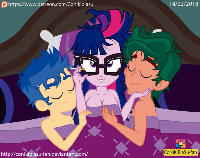 1girls 2boys after_sex afterglow breast_grab breasts cigarette conikiblasu conikiblasu-fan equestria_girls female flash_sentry friendship_is_magic glasses hasbro in_bed legend_of_everfree male mmf mmf_threesome multiple_boys my_little_pony nude nude_female nude_male sci-twi straight threesome timber_spruce twilight_sparkle_(mlp)