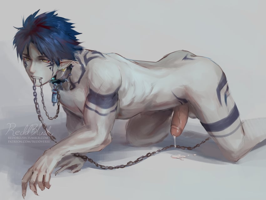 1boy blue_hair chained chains collar dramatical_murder dripping_cum male male_only penis reddverse ren_(dramatical_murder) solo tagme tattoo yellow_eyes