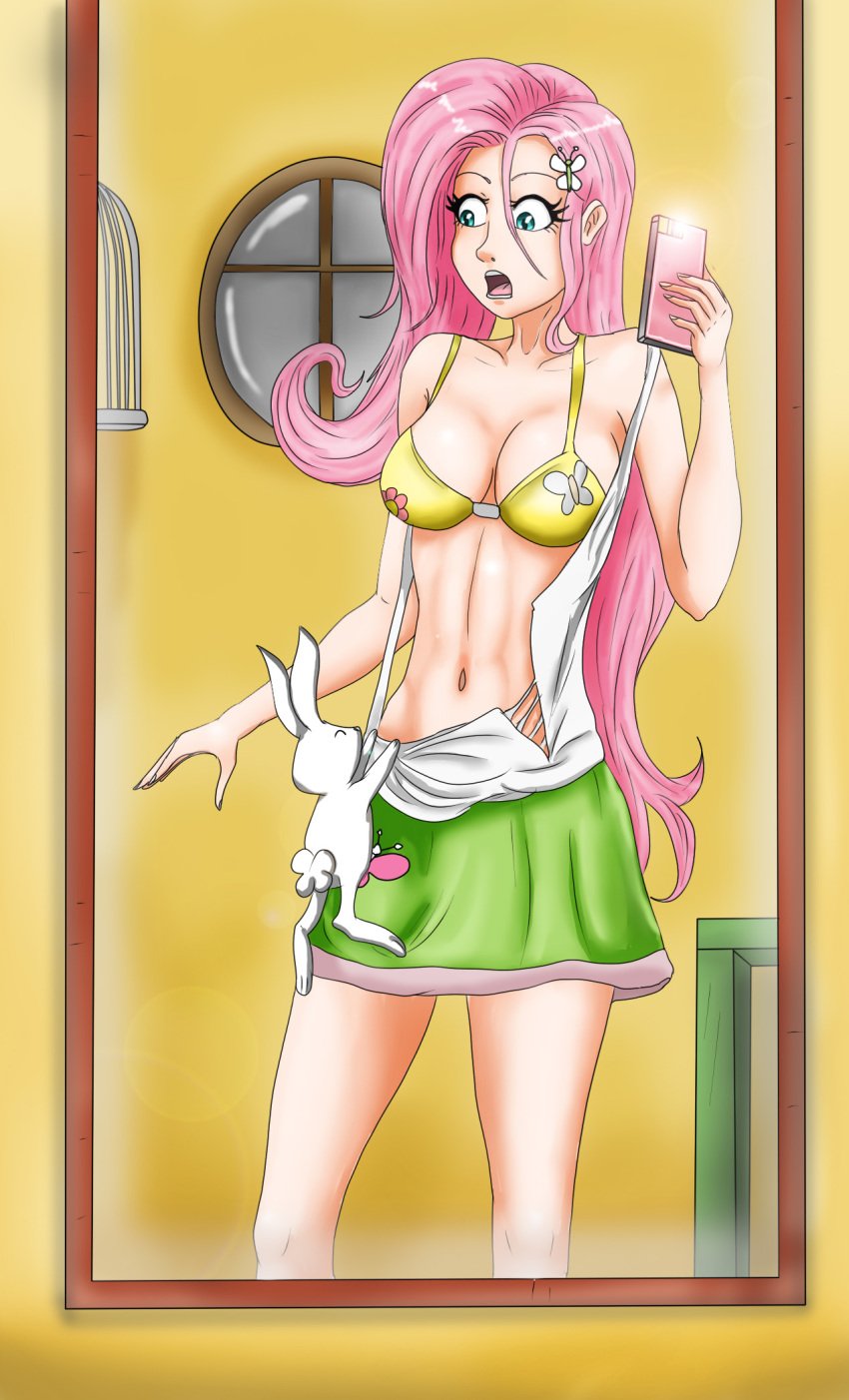 angel_bunny bra fluttershy_(mlp) friendship_is_magic humanized mirror my_little_pony selfie skirt straight_hair switch900v wardrobe_malfunction