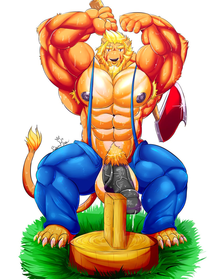 5_toes anthro armpit_hair arms_above_head axe baconking balls barefoot beard belly big_penis blonde_hair brown_eyes clothed clothing cum erection facial_hair facial_piercing feline flexing grass hair hairy hi_res holding_object huge_cock humanoid_penis lion looking_at_viewer lumberjack male male_only mammal manly mature_male melee_weapon muscular muscular_male nipples nose_piercing nose_ring nude overalls pants partially_retracted_foreskin pecs penis piercing pose precum pubes septum_piercing simple_background smile solo spread_legs spreading sweat thick_penis toes topless uncut vein veiny_penis weapon wood work