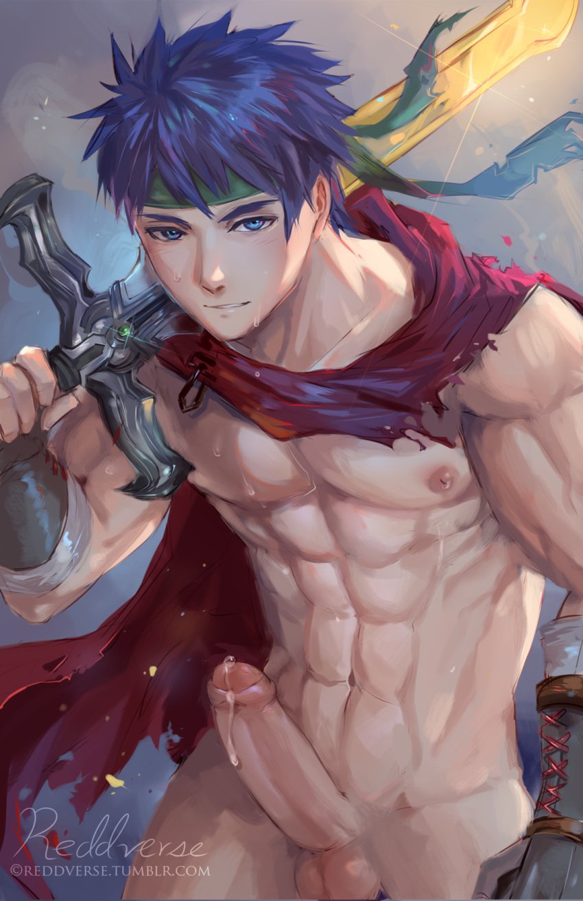 blue_hair fire_emblem fire_emblem:_path_of_radiance fire_emblem:_radiant_dawn ike_(fire_emblem) male male_only muscles penis ragnell_(fire_emblem) reddverse sweat sweatdrop