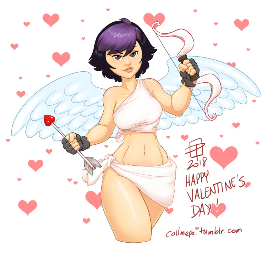 1girls 2018 big_hero_6 callmepo color colored cosplay cupid disney female female_only gogo_tomago marvel purple_hair solo valentine's_day