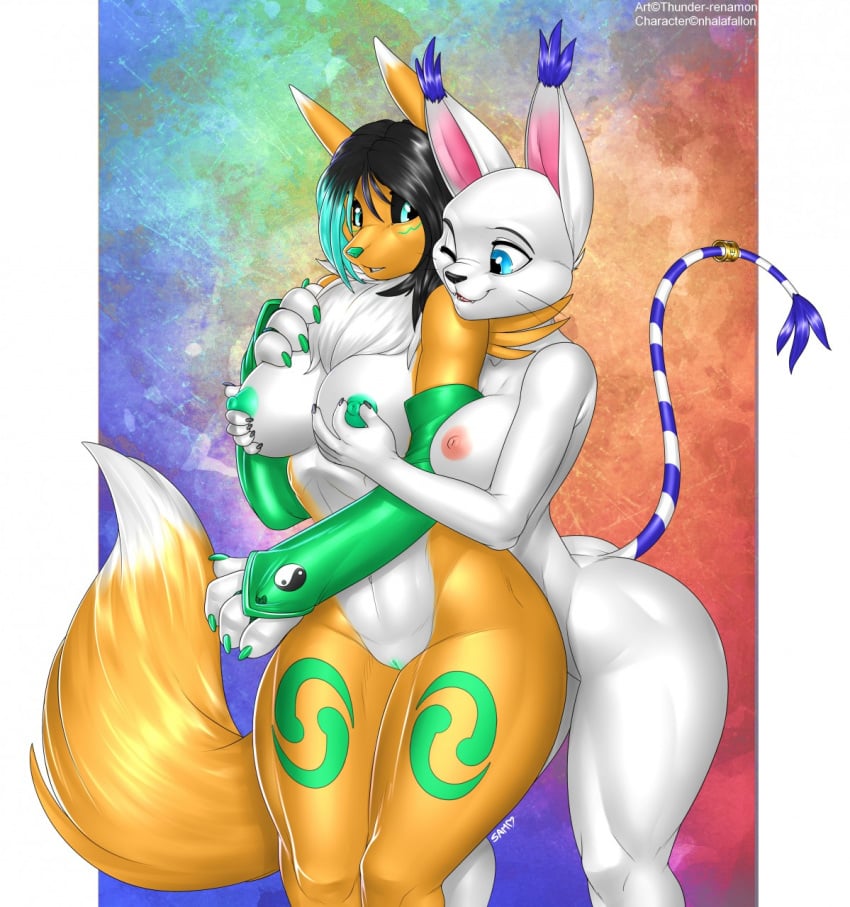 anthro big_breasts black_hair blue_eyes breast_fondling breasts clothing digimon digital_media_(artwork) female fondling fur gatomon gloves hair hand_on_breast nhalafallon nipples nude pussy renamon renamon_(nhalafallon) simple_background stripes thunder-renamon white_fur yellow_fur