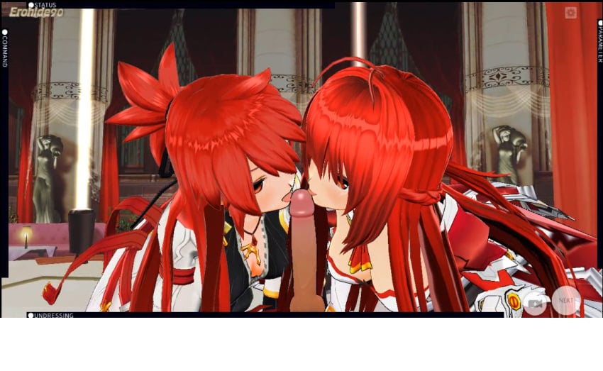 1boy 2girls collaborative_fellatio elesis elesis_(elsword) elsword erohide90 fellatio licking_penis multiple_girls oral red_eyes red_hair teamwork