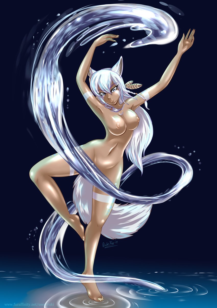 1girls 2018 animal_ears balancing blue_background blue_eyes braided_hair breasts claws convenient_censoring feather_in_hair feathers female fluffy fluffy_tail fox_ears fur highres humanoid light-skinned_female light_skin long_hair looking_at_viewer navel nipples nude pointy_ears pussy rukifox simple_background solo tentacle toe_claws water water_tentacle waterbending white_fur white_hair