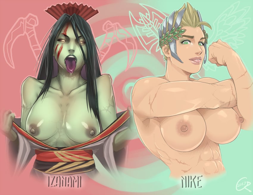 2017 2girls black_hair blonde_hair breasts bust cedargrove clothing deity goddess green_eyes green_skin izanami_(smite) kimono long_hair multiple_girls muscular_female nike_(smite) nipples short_hair smite tongue_out topless undead yellow_eyes zombie_girl