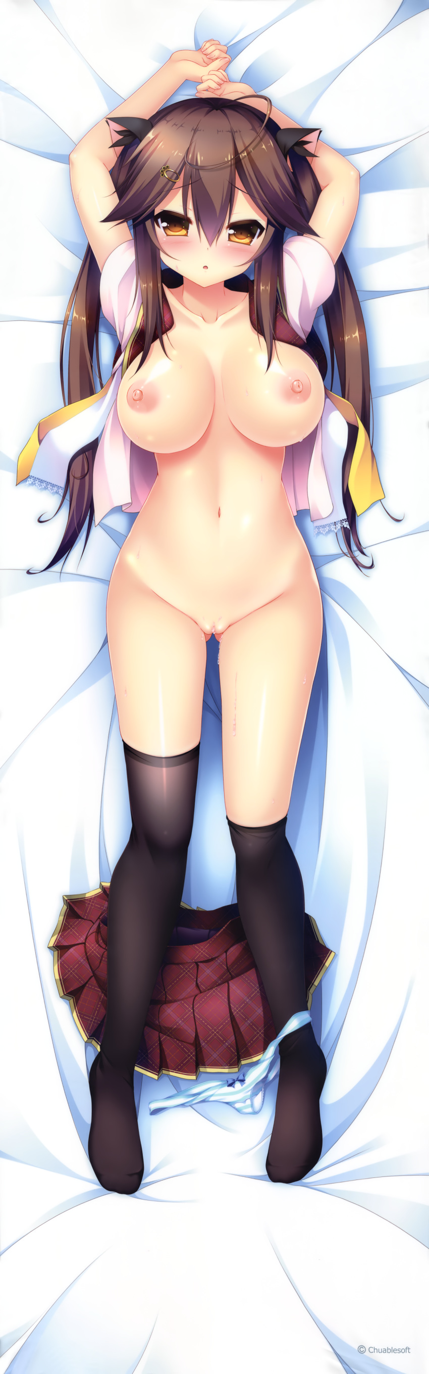 :o absurdres ahoge arms_up bed_sheet black_legwear blue_panties blue_striped_panties blush breasts breasts_apart brown_eyes brown_hair clothing dakimakura female from_above full_body highres huge_filesize kneehighs kneehighs_pull large_breasts lying nipples no_bra nude on_back open_clothes open_shirt panties panties_around_one_leg parted_lips red_skirt school_uniform shirt skirt skirt_removed solo striped striped_panties syroh thighhighs twintails underwear watashi_ga_suki_nara_"suki"_tte_itte! yataka_chiho