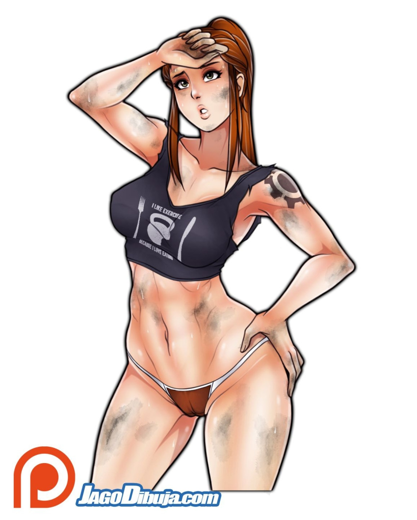 1girls 2d armpits bra brigitte brigitte_lindholm dirty female female_only g-string greasy hand_on_hip jago_dibuja no_pants overwatch softcore solo sweat tattoo thighs thong