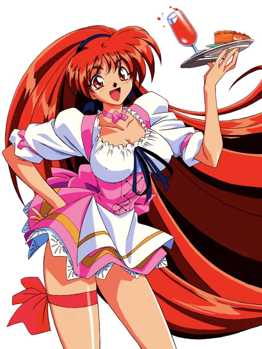 1girls 90s :d absurd_res akira_(viper) anna_miller bare_arms bow breasts cake choker clothed clothing corset drink erect_nipples erect_nipples_under_clothes eyebrows_visible_through_hair female female_only food frills fully_clothed hair_ribbon hand_on_hip highres holding_tray kimura_takahiro large_breasts legwear long_hair long_ponytail looking_at_viewer matching_hair/eyes nipple_bulge official_art open_mouth pink_clothing plate ponytail pose red_eyes red_hair ribbon ribbon_choker simple_background skirt smile sogna solo standing thick_thighs thigh_ribbon thigh_strap thighs tied_hair tongue tray uniform very_long_hair viper_(series) viper_v16 waitress white_background white_clothing