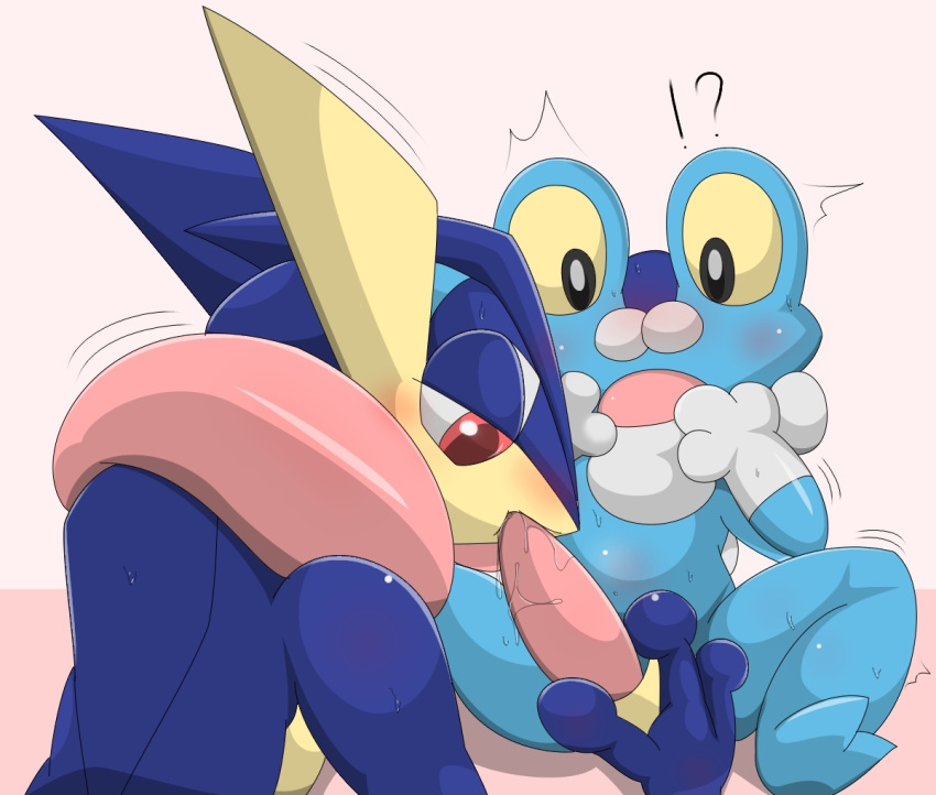 ambiguous_gender amphibian anthro blush fellatio feral froakie greninja male male/ambiguous nintendo oral penis pokemon pokemon_(species) saliva simple_background sweat tagme tapering_penis type white_background