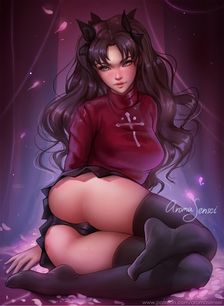 1girls aroma_sensei ass black_hair blue_eyes breasts brown_hair cameltoe cleavage dark_blue_hair dat_ass eyelashes fate/stay_night fate_(series) female female_only large_breasts long_hair looking_at_viewer naughty_face panties realistic seductive side_view skirt solo thighhighs tohsaka_rin twintails upskirt