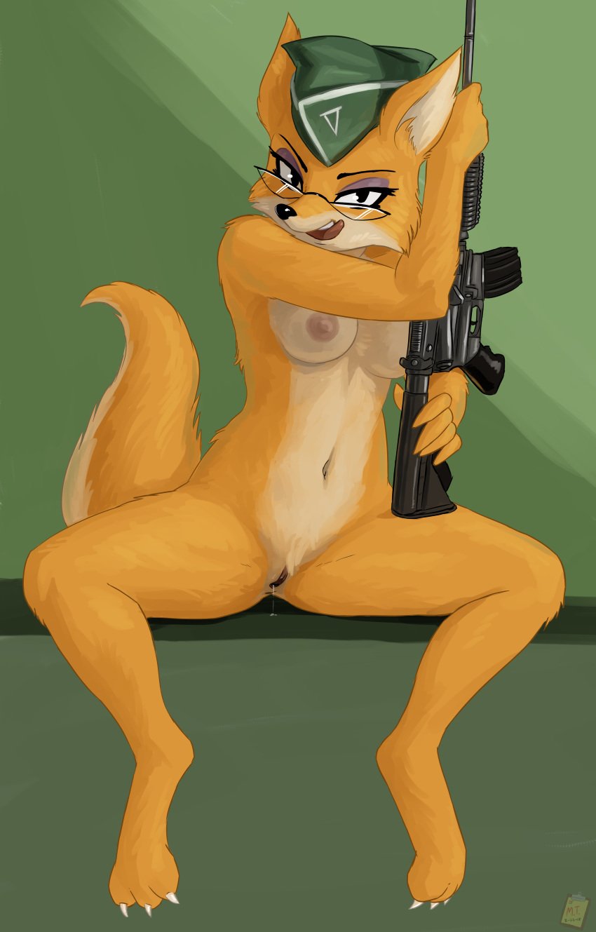 2018 3_toes absurd_res anthro black_eyes breasts canine eyewear female fox fur glasses gun hi_res licking licking_lips looking_at_viewer lt._fox_vixen mammal orange_fur pussy pussy_juice ranged_weapon solo squirrel_and_hedgehog the-minuscule-task toes tongue tongue_out weapon