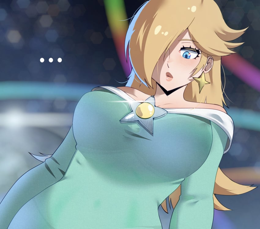 ... 1girls absurdres alternate_breast_size aqua_dress bare_shoulders blonde_hair blue_eyes blurry blurry_background breasts brooch crown dress earrings female gjh gjh_1 hair_over_one_eye highres jewelry large_breasts long_hair mario_(series) nintendo off-shoulder_dress off_shoulder princess_rosalina rosalina solo star_(symbol) star_brooch star_earrings